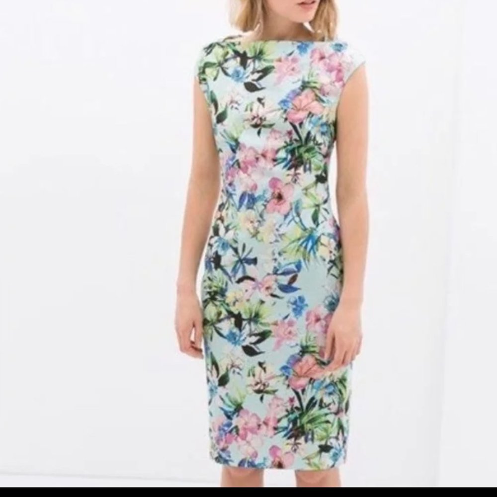 ZARA Floral Boat Neck Midi Pencil Dress Size L